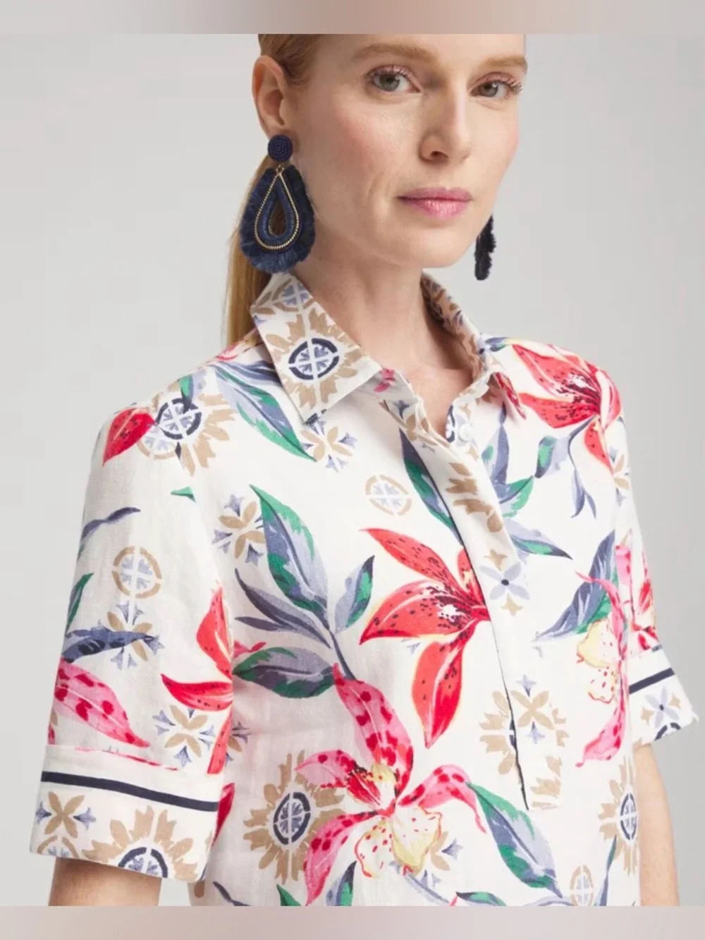 Chico’s Linen Floral Popover Shirt Dress Size 10 US Resort Wear Coastal Beach - Picture 3 of 9